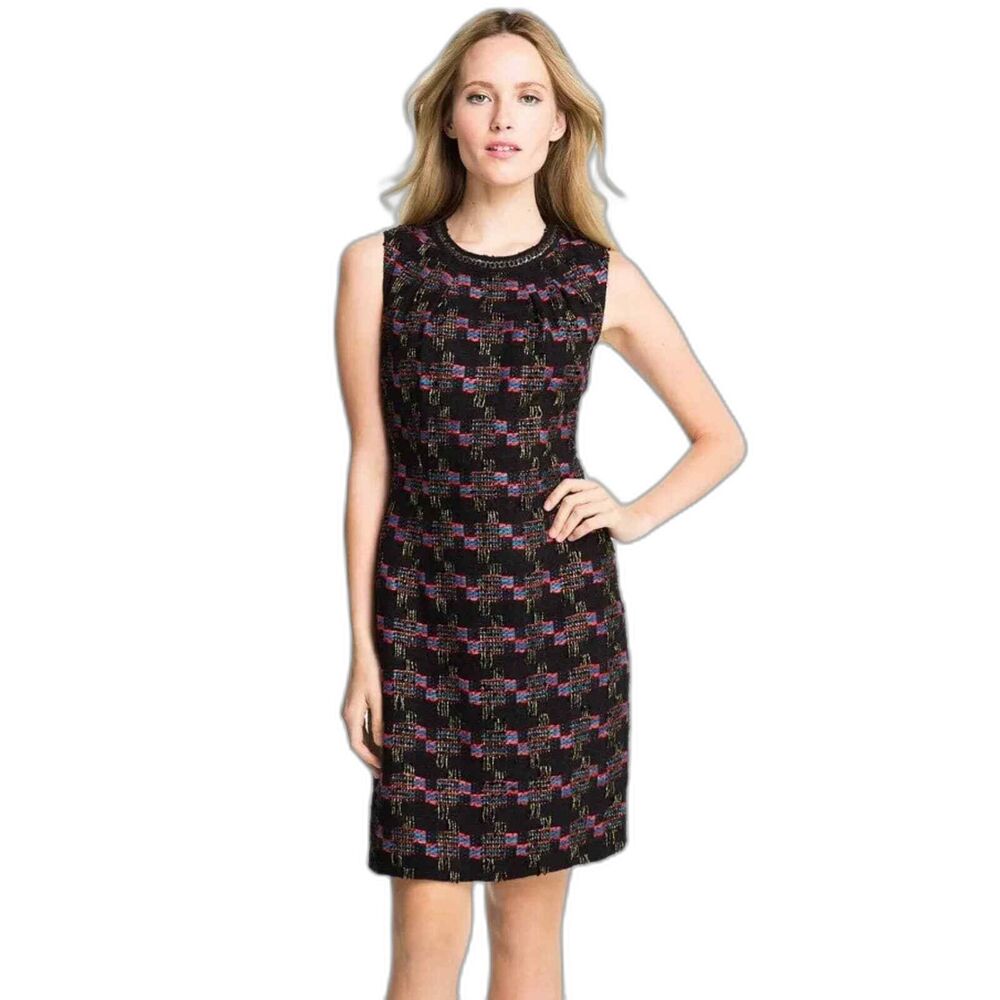 Trina Turk Womens Goodnight Tweed Sheath Dress Black Geometric Scoop Zipper XS
